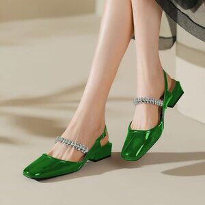 YDN Green Square Toe Rhinestone Sandals Block Low Heel Slingbacks Dressy Shoes